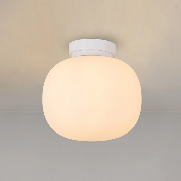 Lumiere Milton Small Oval Ball Flush Ceiling Light in Satin White & Frosted White Shade