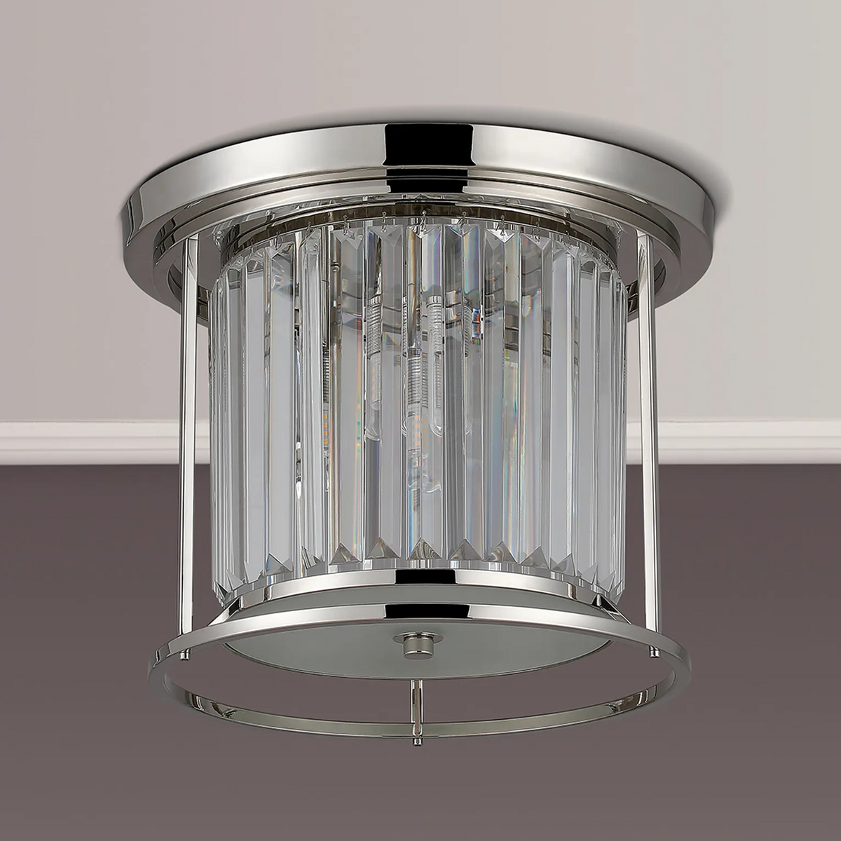 Polished nickel ceiling light with clear crystal rods and a frosted glass diffuser
