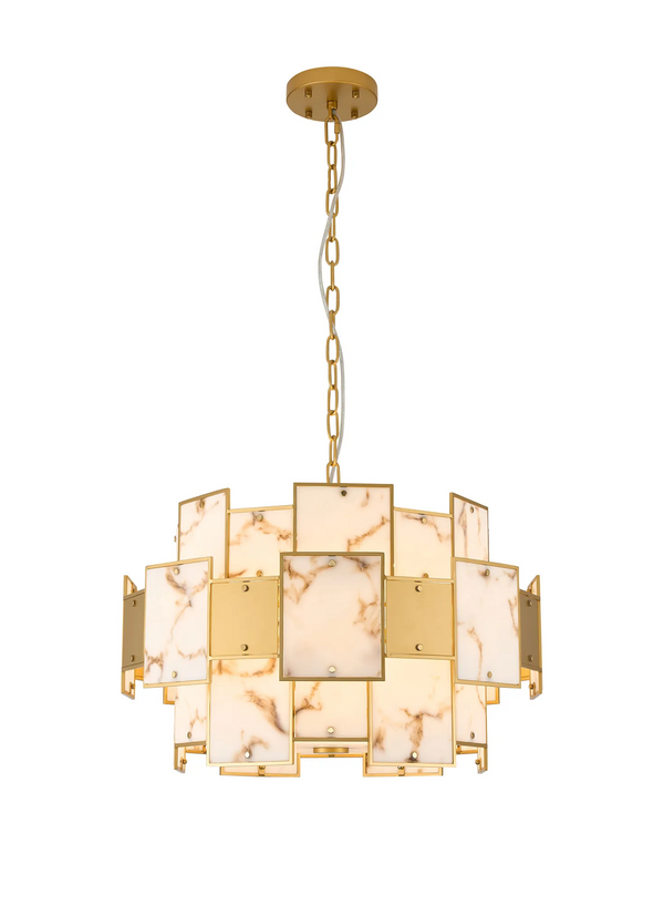 Gold chandelier with rectangular marble and gold panels
