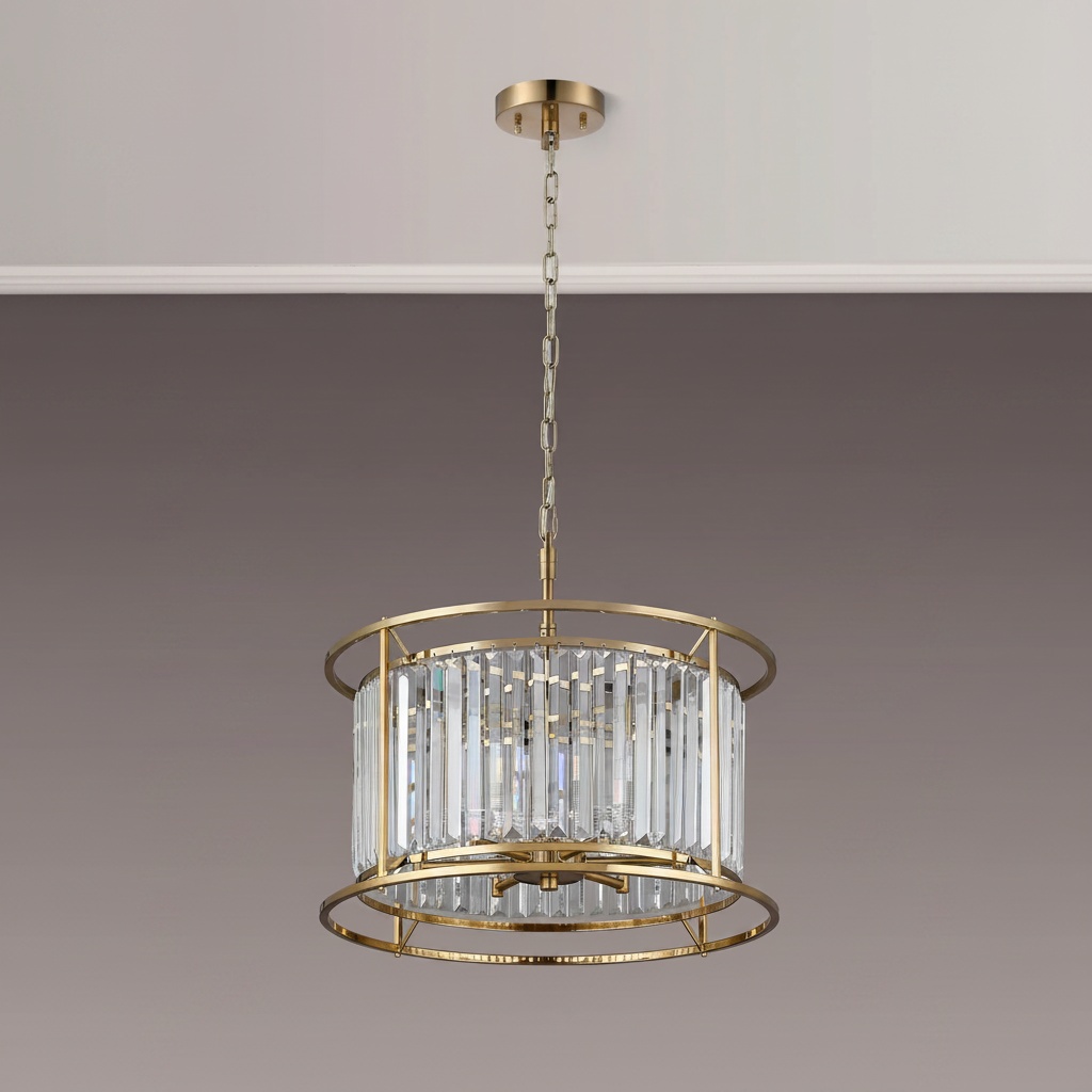 Gold chandelier with clear rectangular crystal accents