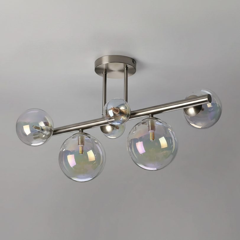 Shute 6lt Semi Flush Ceiling Light in Satin Nickel & Iridescent Plated Glass