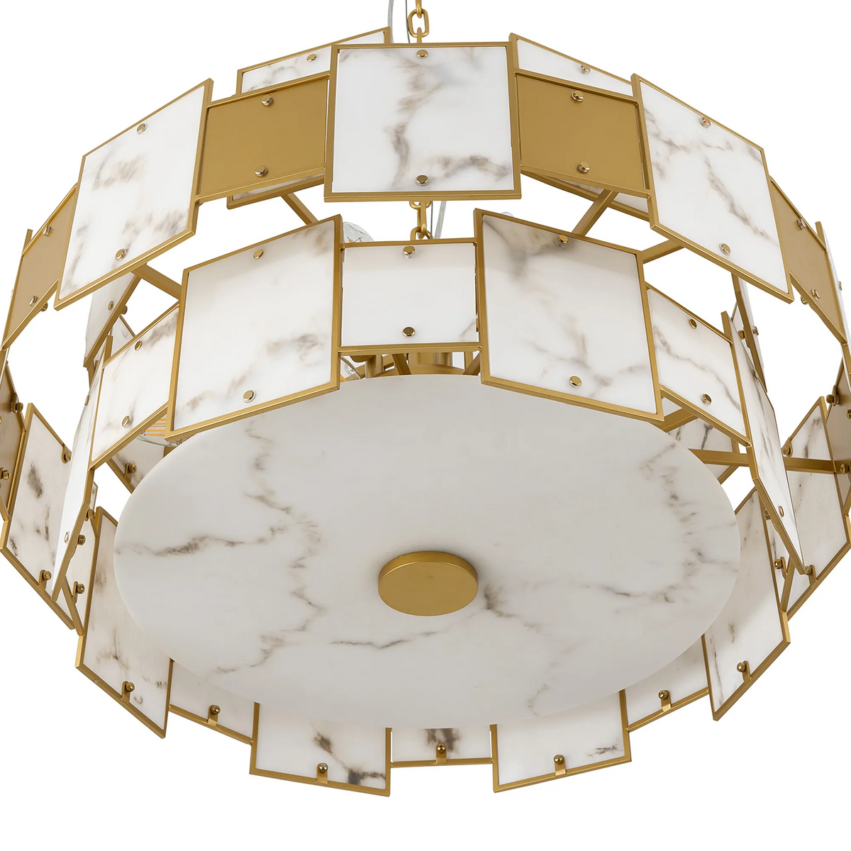 Gold and white marble chandelier with square panels