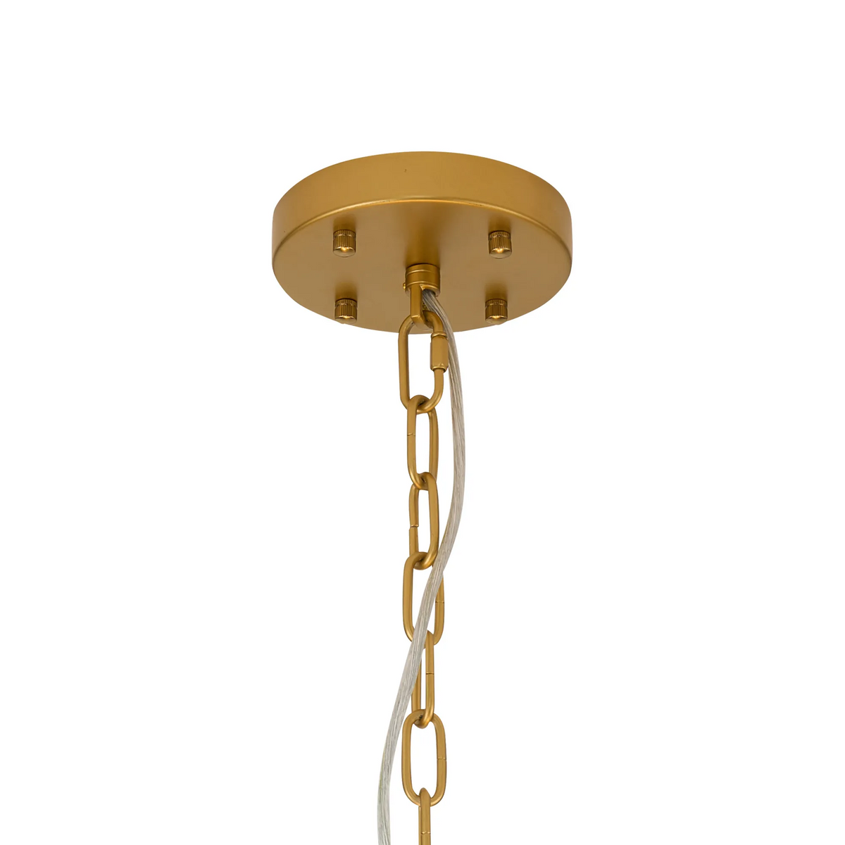 Gold ceiling plate with a gold chain and electrical wire hanging down