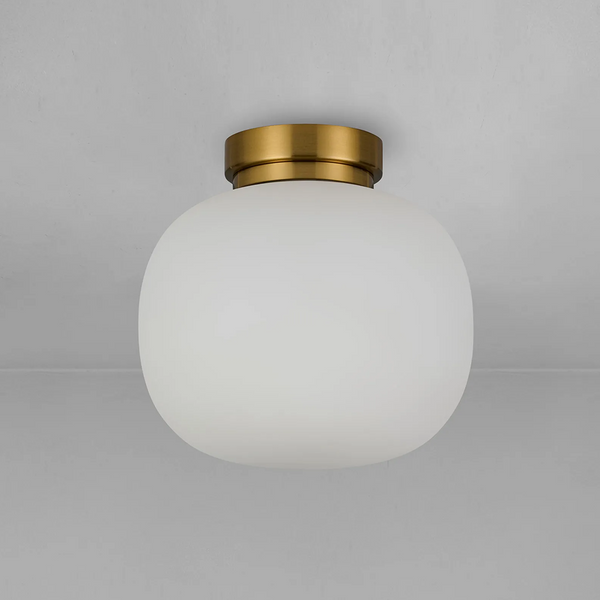 Lumiere Milton Small Oval Ball Flush Ceiling Light in Aged Brass & Frosted White Shade