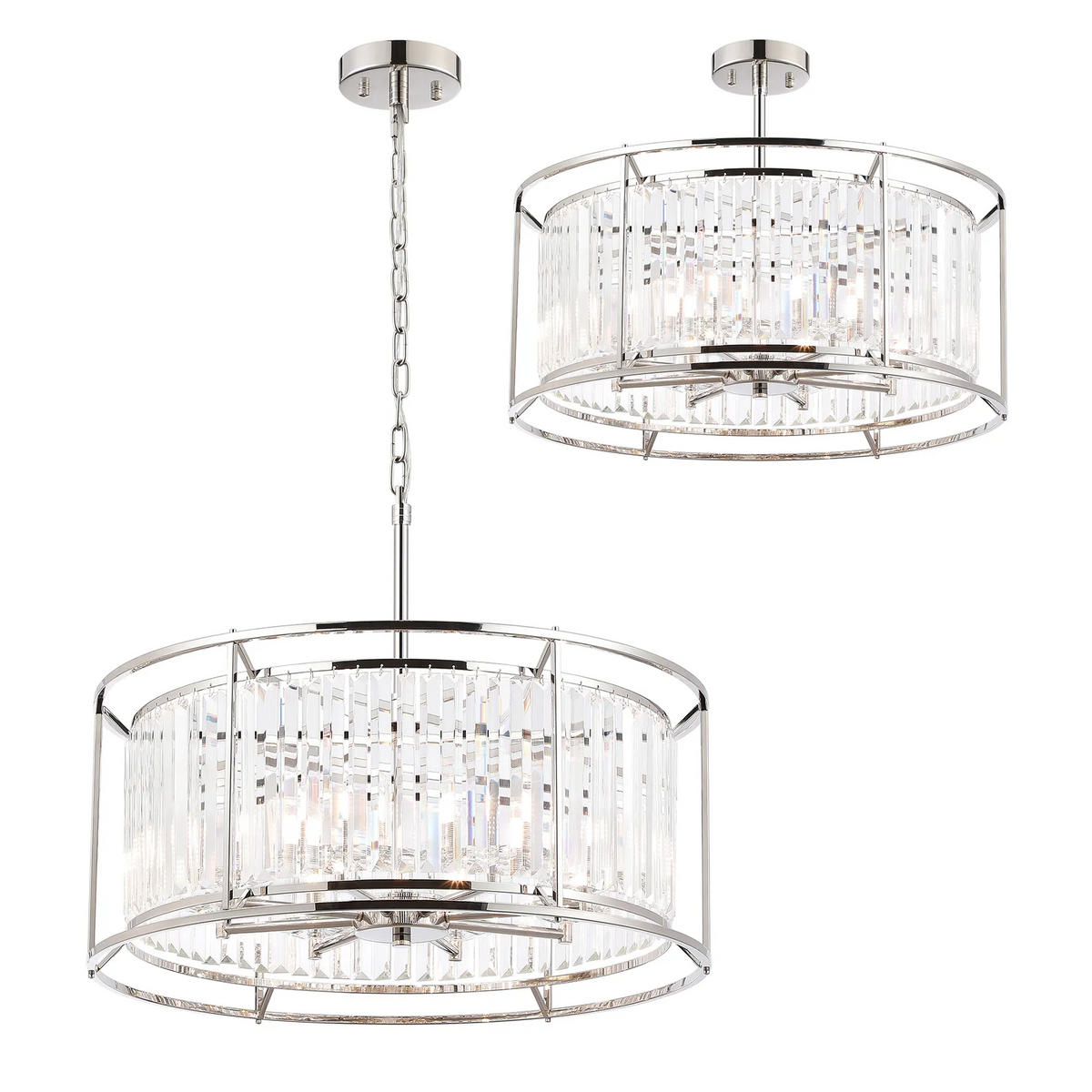 Two crystal chandeliers, one hanging by a chain and one flush mounted, both with chrome frames