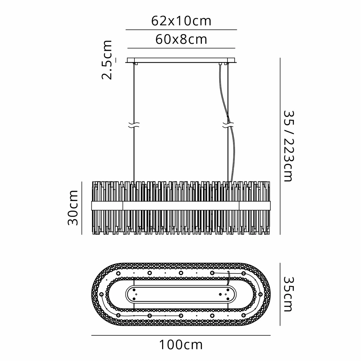 Technical drawing of the chandelier with dimensions: 100cm length, 35cm width, 30cm height