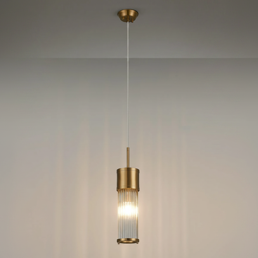Tansley E14 IP44 Single Drop Pendant in Gold with Clear Glass Rods