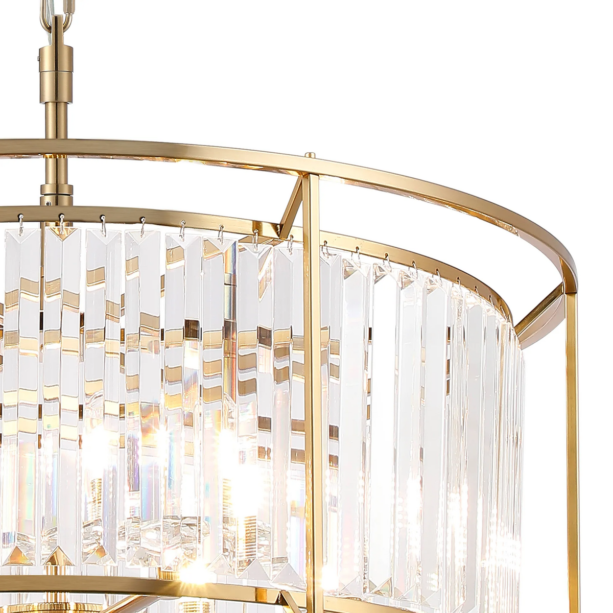 Close up of a gold chandelier with rectangular crystal accents