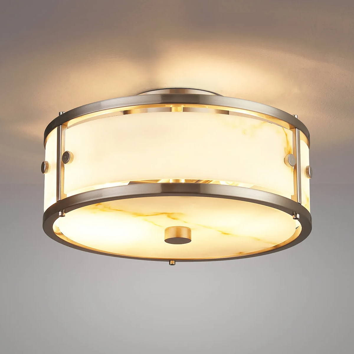 Scarva IP44 250mm Round Ceiling Light in Satin Nickel with Brown Faux Alabaster
