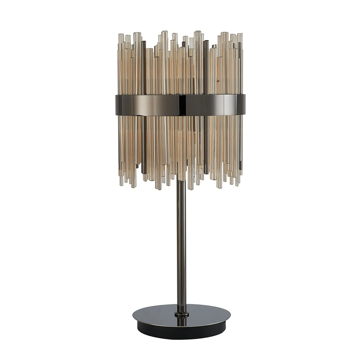Table lamp with a dark metal base and stem, featuring a shade made of vertical amber glass rods