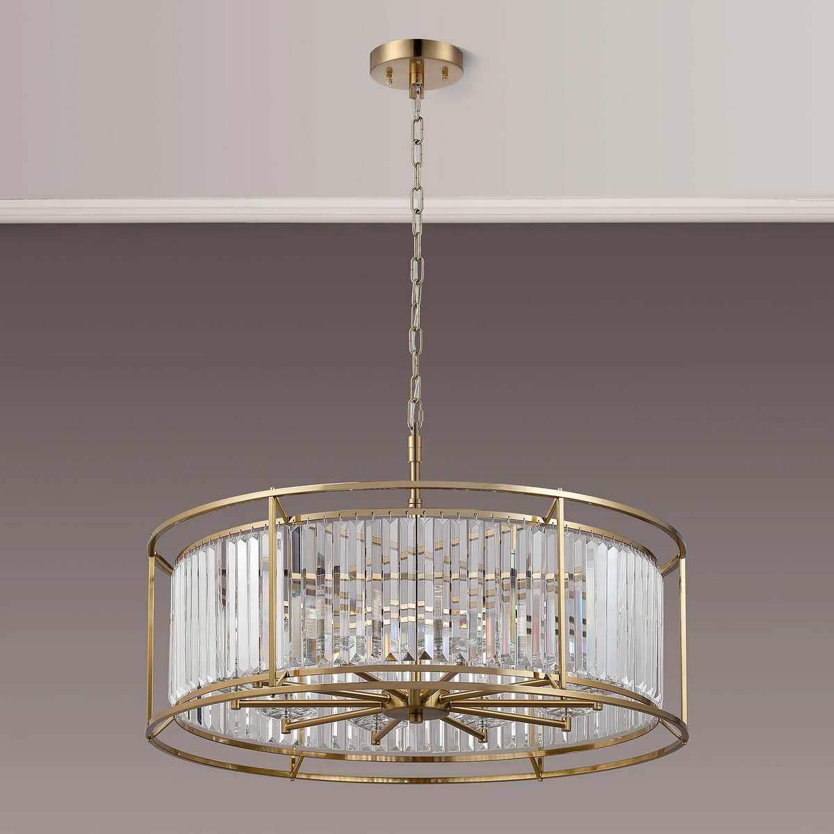 Gold chandelier with clear crystal rods in a circular design