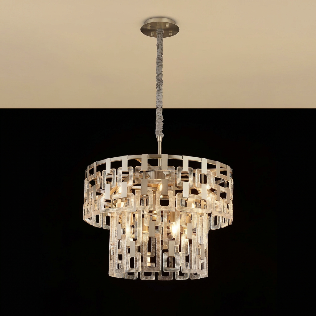 Heptonstall 620mm Two Tier Round Pendant in Satin Nickel with Clear Glass