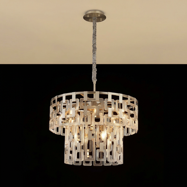 Heptonstall 620mm Two Tier Round Pendant in Satin Nickel with Clear Glass
