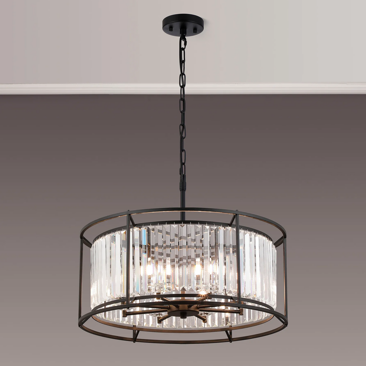 Black metal chandelier with clear rectangular crystal accents