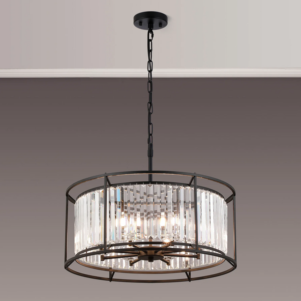 Black metal chandelier with clear rectangular crystal accents