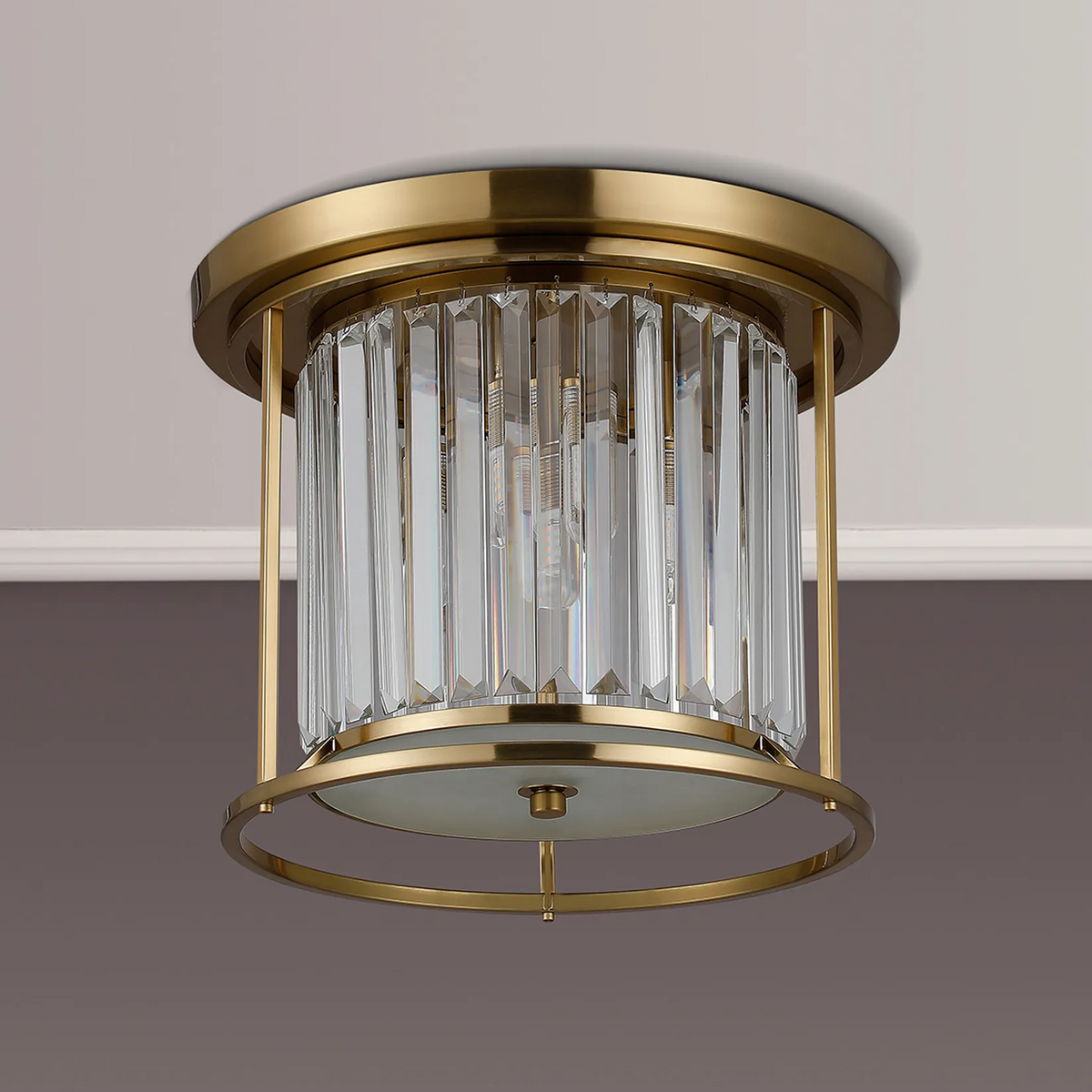 Brass and crystal flush mount ceiling light fixture
