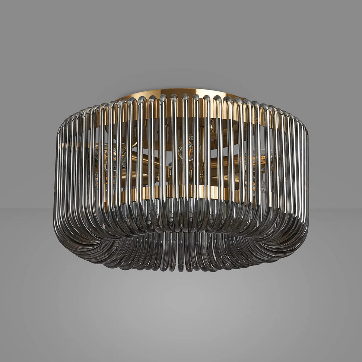 Jevington 400mm Flush Ceiling Light in Brass with Smoked Glass