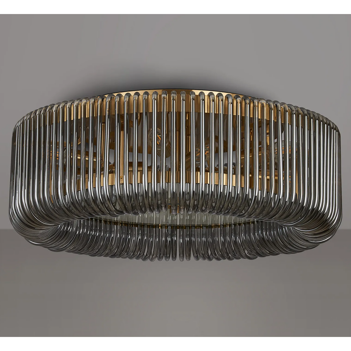 Jevington 600mm Flush Ceiling Light in Brass with Smoked Glass