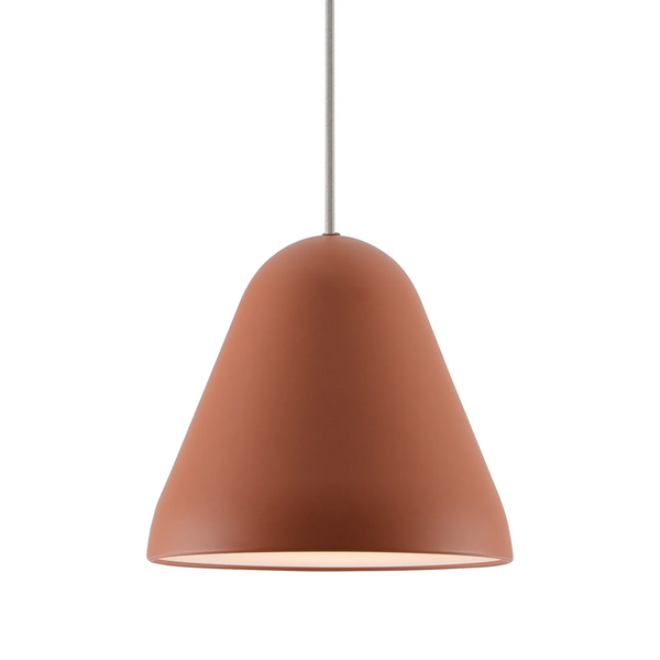Terracotta pendant light with a conical shade and a white interior, suspended by a grey fabric cord