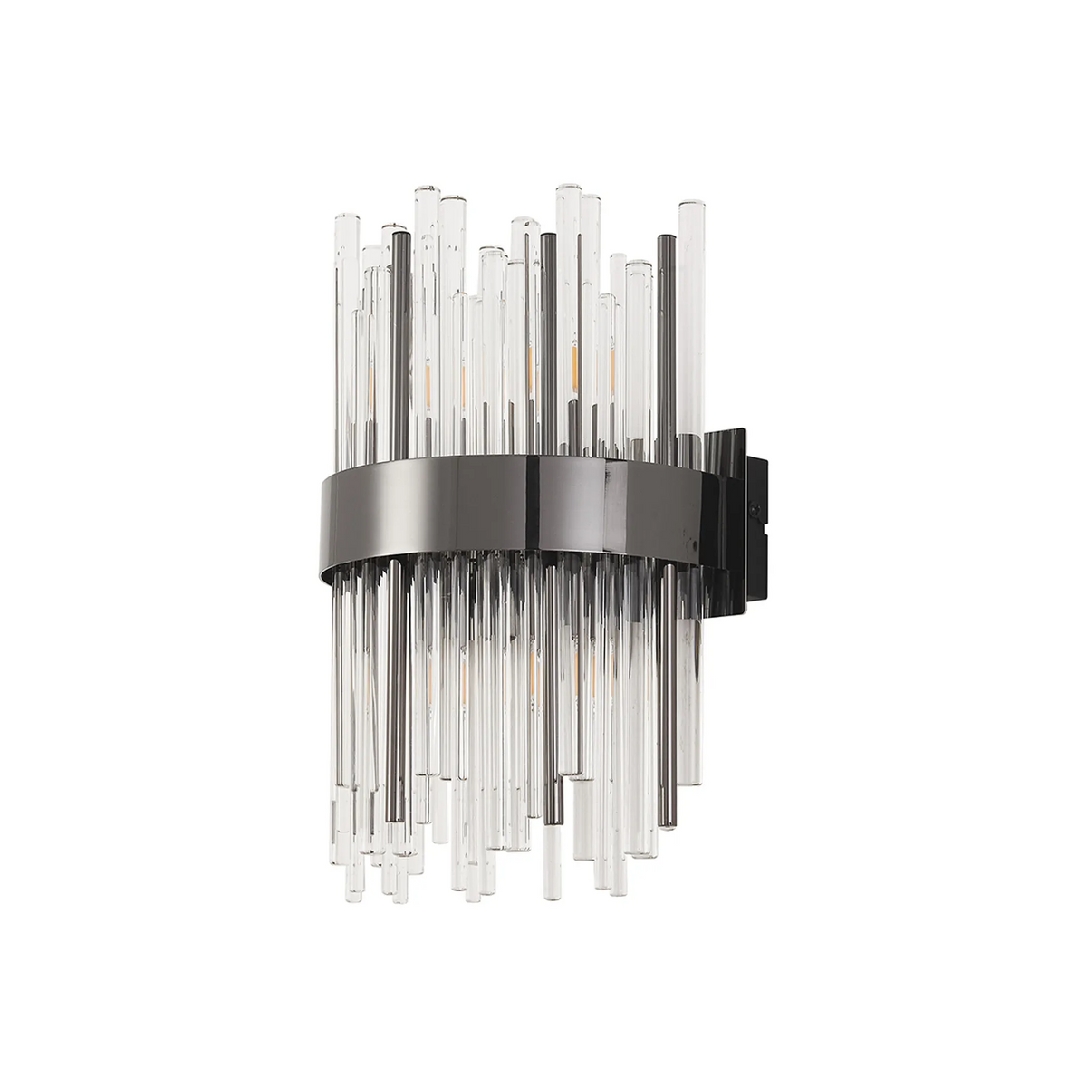 Wall sconce with clear and dark glass rods in varying lengths, arranged around a dark metal band