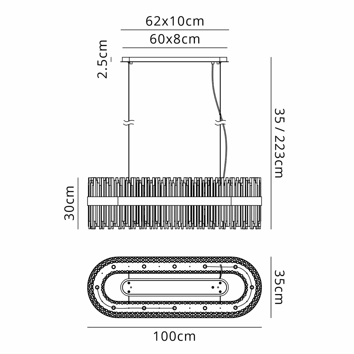 Technical drawing of a rectangular chandelier with dimensions