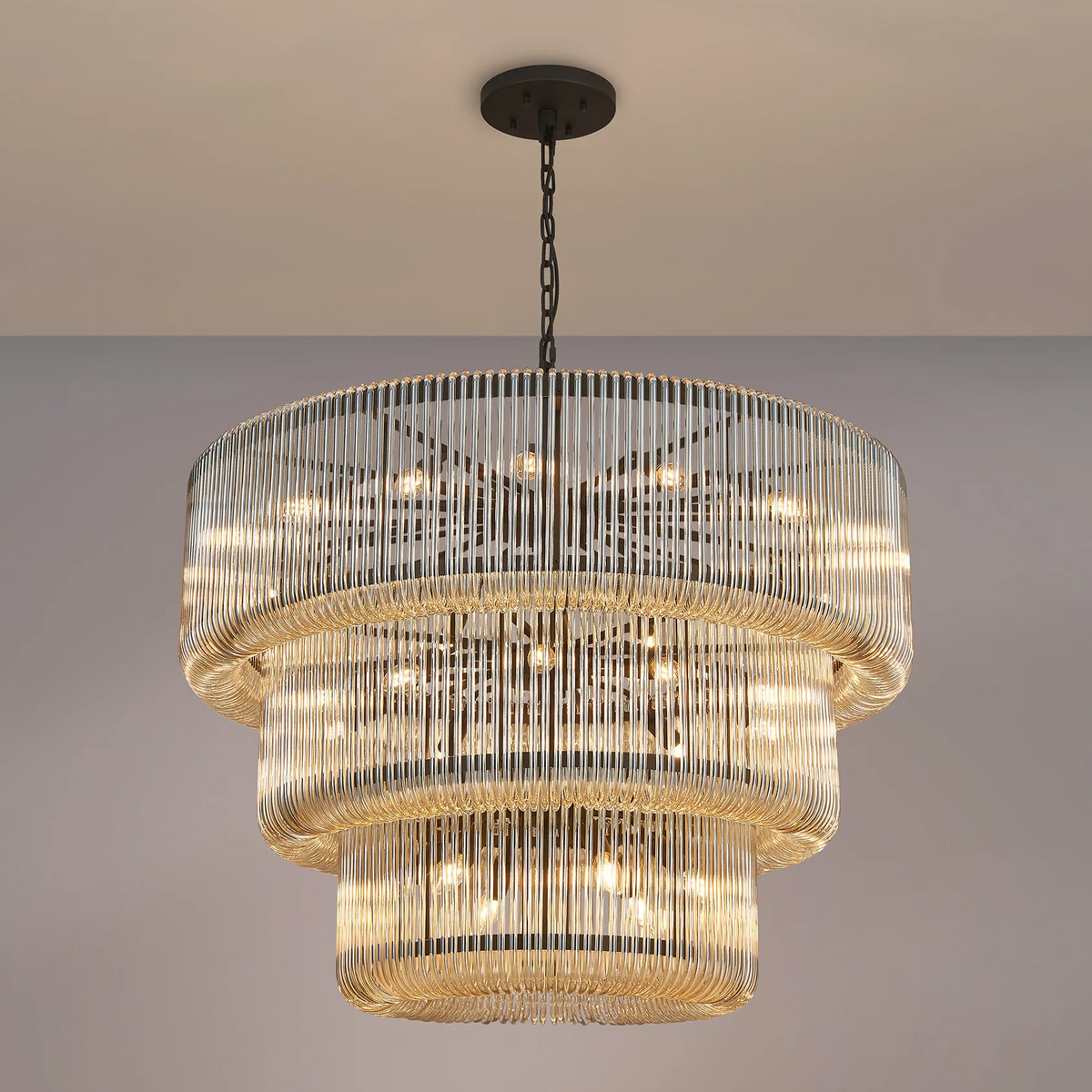 Jevington 1000mm Three Tier Pendant or Semi Flush in Black with Smoke Brown Glass