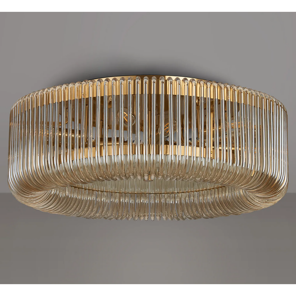 Jevington 600mm Flush Ceiling Light in Brass with Smoke Brown Glass