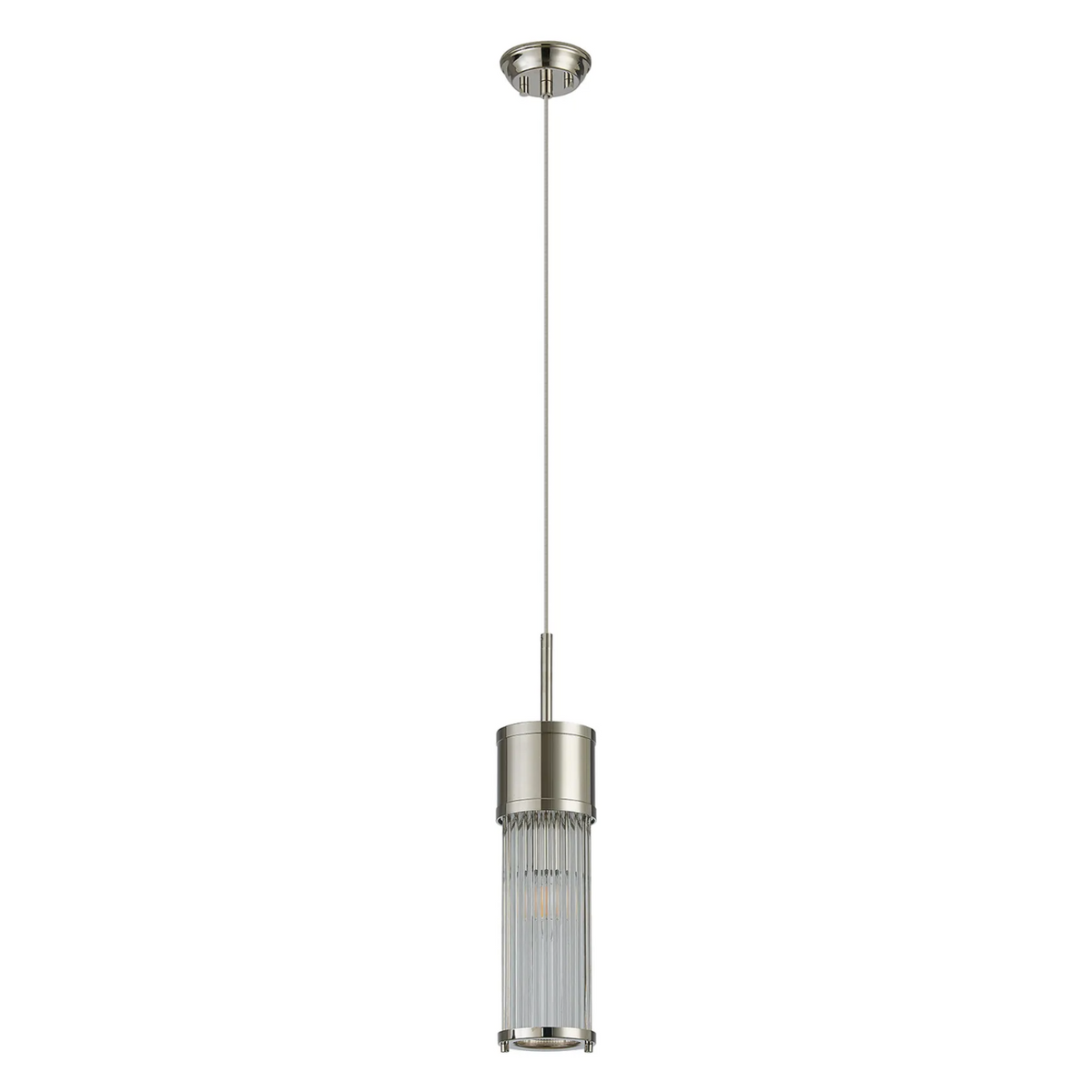 Tansley E14 IP44 Single Drop Pendant in Polished Nickel with Clear Glass Rods