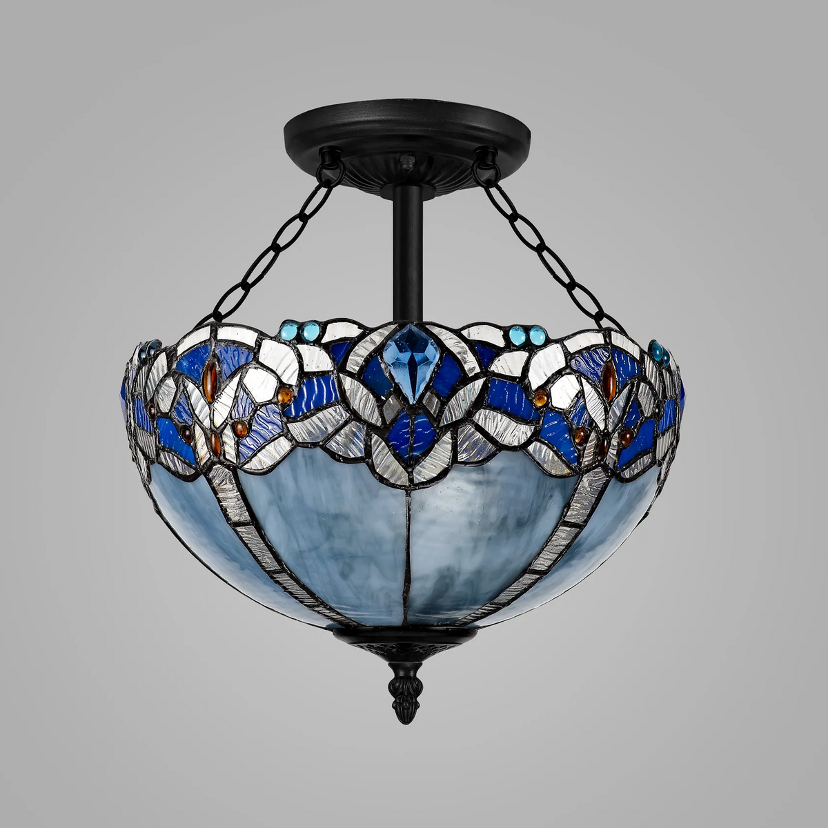 Oakley 40cm 3 Light Tiffany Semi Flush Ceiling Light in Black & Blue
