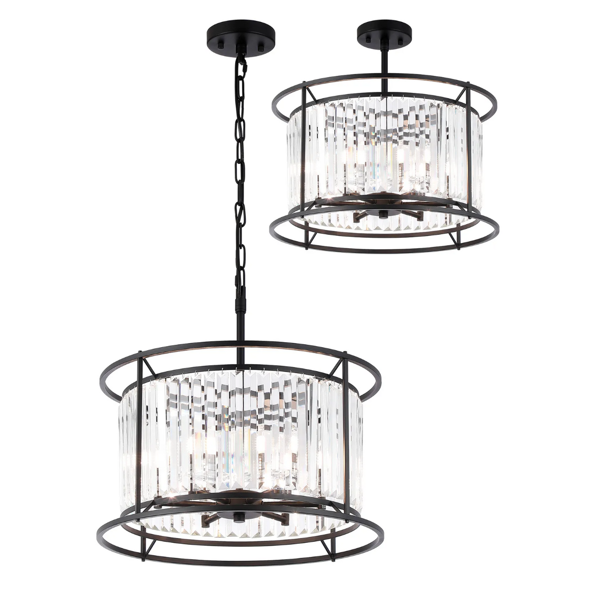 Two black metal chandeliers with clear crystal accents, one hanging by a chain and one flush-mounted