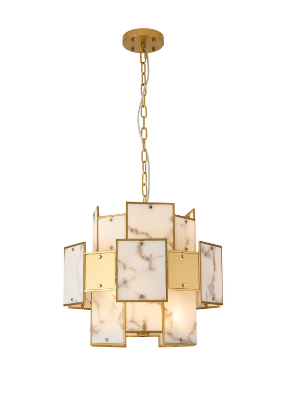 Gold chandelier with square marble and gold panels