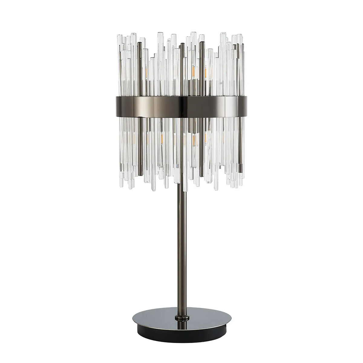 Table lamp with a dark metal base and stem, topped with a cylindrical shade made of clear glass rods