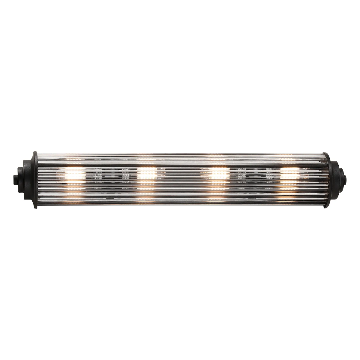 Horizontal vanity light with ribbed glass shade and five exposed bulbs