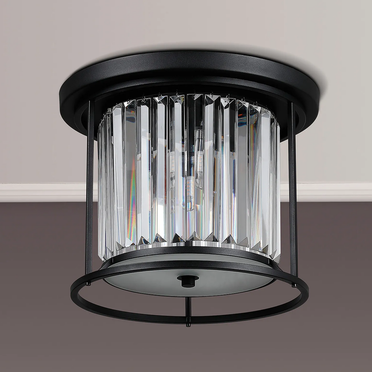 Black flush mount ceiling light with clear crystal shade
