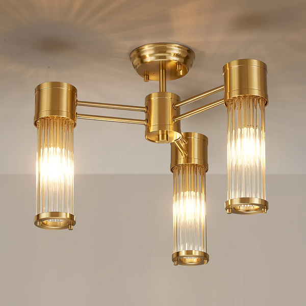 Tansley E14 IP44 Three Light Semi Flush Ceiling Light in Gold with Clear Glass Rods