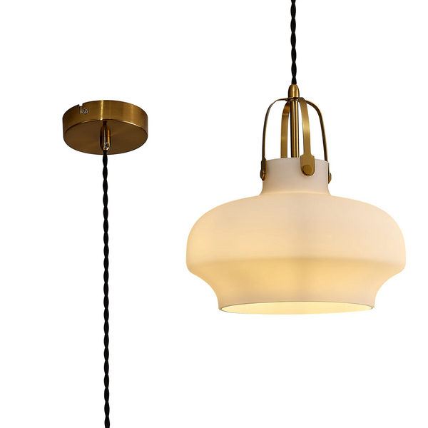 Bedlington Single Drop Pendant in Aged Brass with Opal Glass Shade