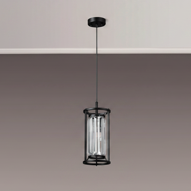 Black pendant light with a cylindrical clear glass shade and metal frame