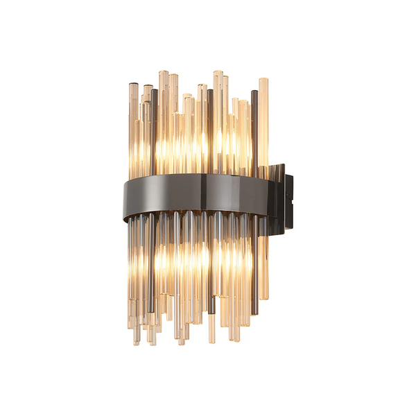 Modern wall sconce with amber glass rods and a dark metal band