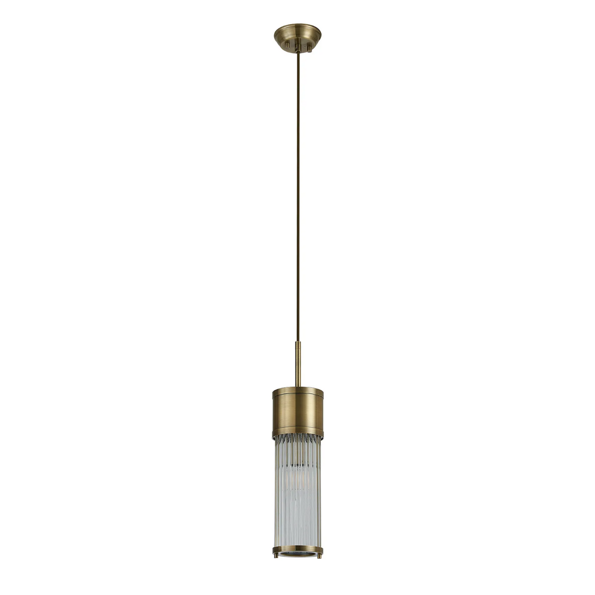 Tansley E14 IP44 Single Drop Pendant in Antique Brass with Clear Glass Rods