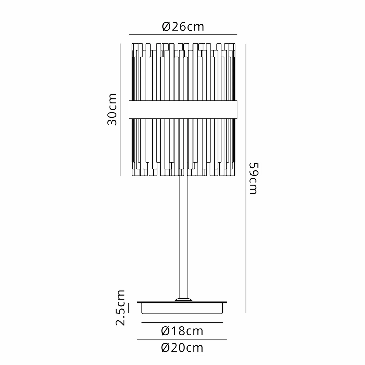Technical drawing of a table lamp with dimensions: 59cm height, 26cm shade diameter, 30cm shade height