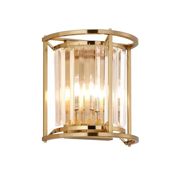 Gold wall sconce with clear crystal rods and three exposed bulbs