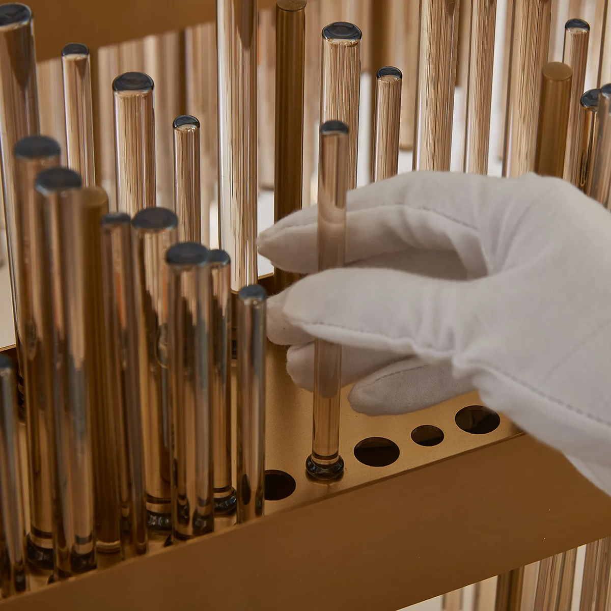 Gloved hand placing a glass tube into a gold base with many other glass tubes