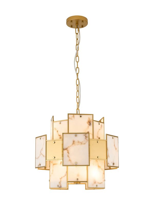 Gold chandelier with rectangular marble and gold panels