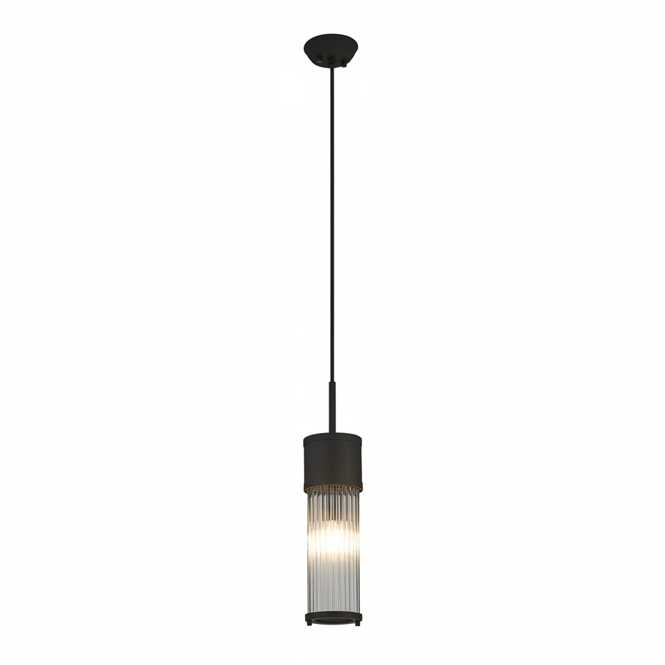 Tansley E14 IP44 Single Drop Pendant in Satin Black with Clear Glass Rods