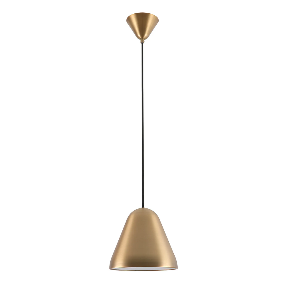 Brass colored pendant light with a conical shade and a black cord