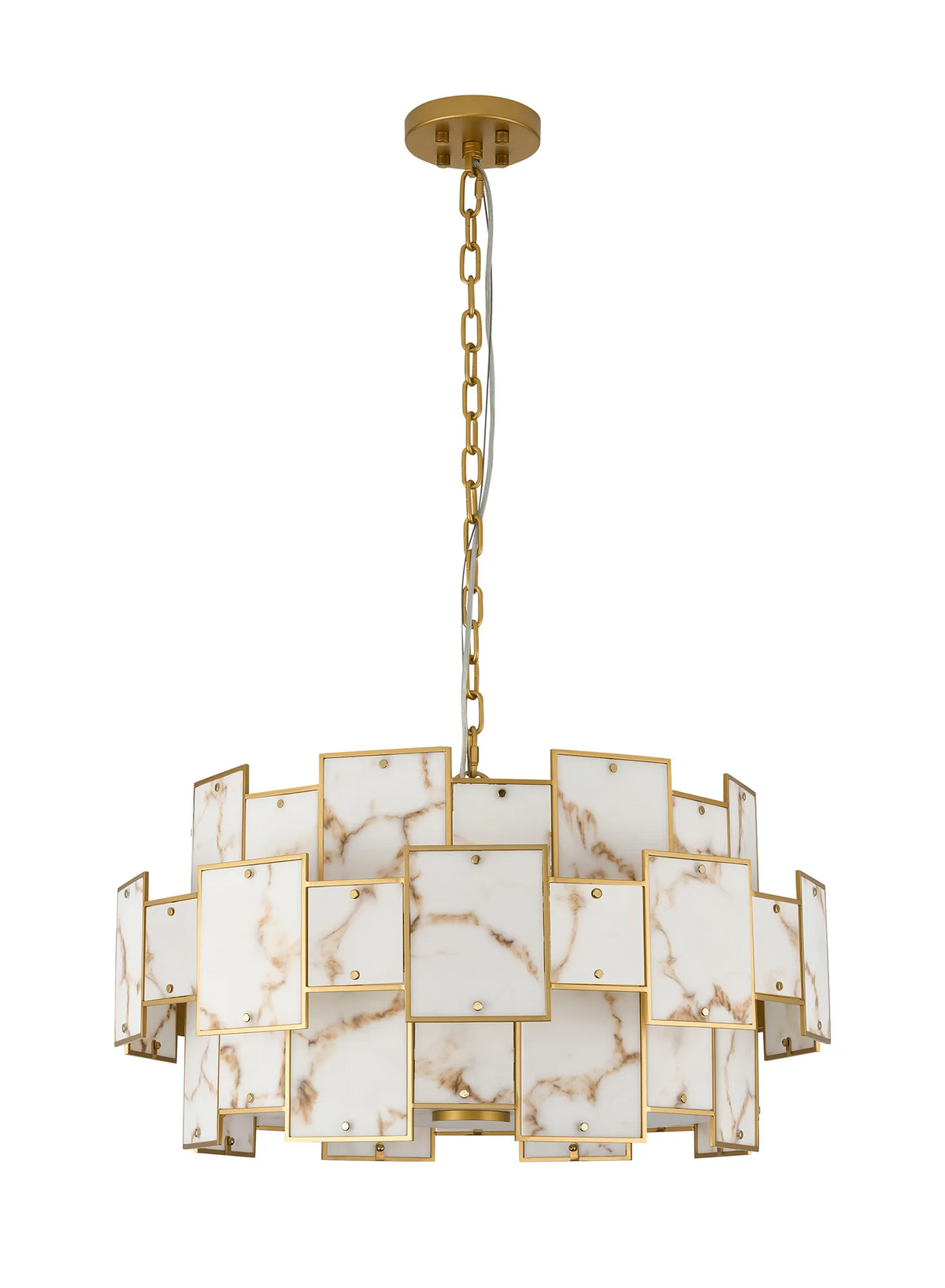 Gold chandelier with white and brown marble-patterned rectangular panels