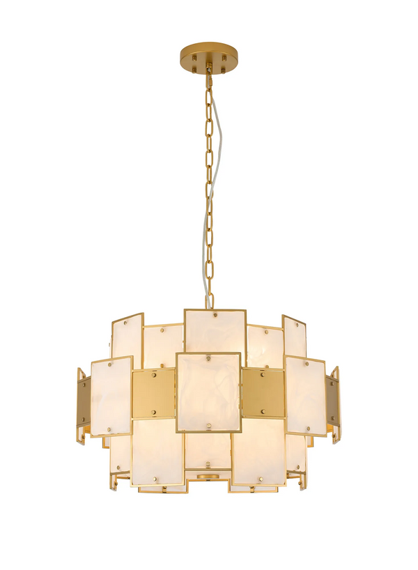 Gold chandelier with rectangular frosted glass panels