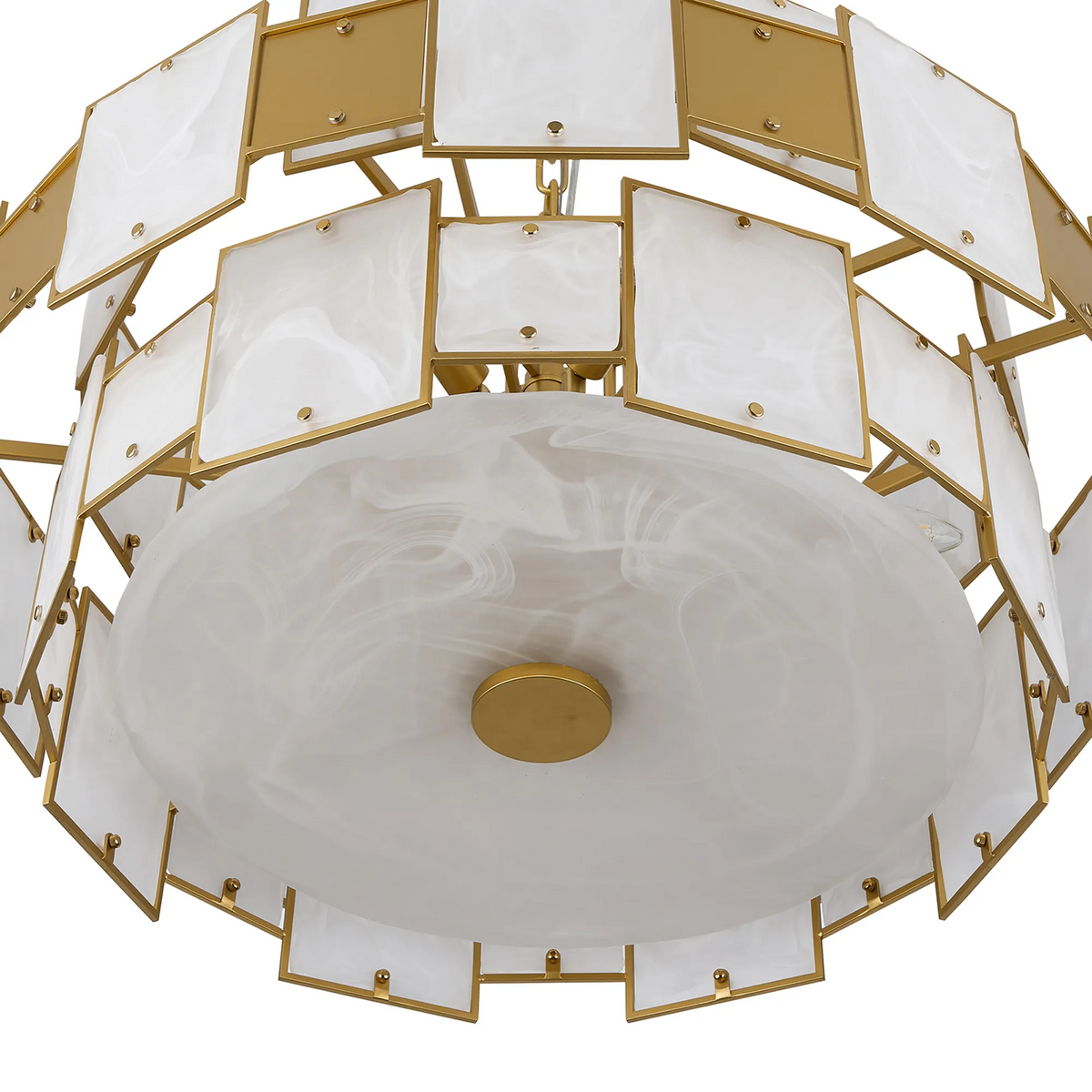 Gold and white chandelier with square panels and a round frosted glass diffuser