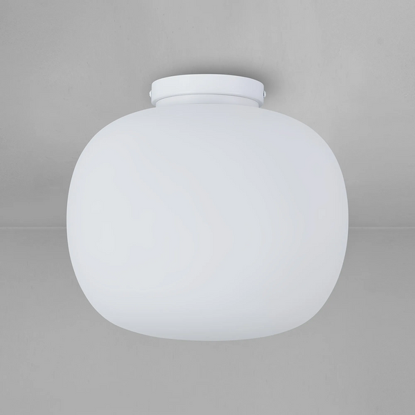 Milton Medium Oval Ball Flush Ceiling Light in Satin White & Frosted White Shade by Lumiere