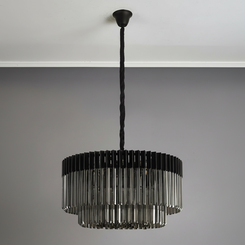 Black and grey tiered chandelier with rectangular glass prisms